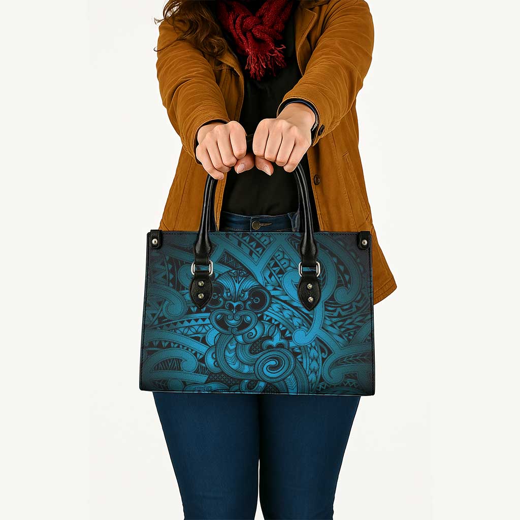 Aotearoa Maori Hei Tiki Leather Bag Kikorangi Kowhaiwhai Puhoro Motif