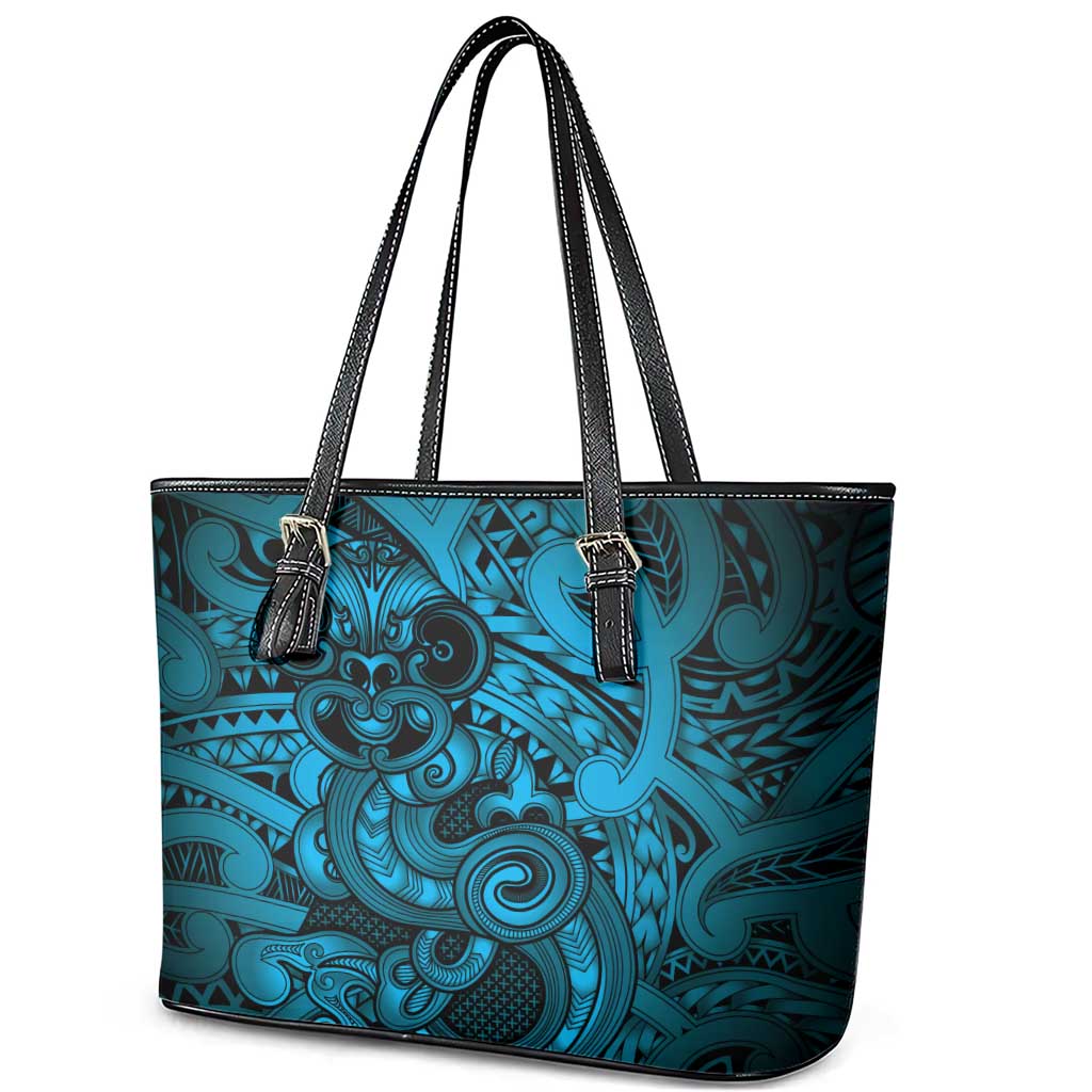Aotearoa Maori Hei Tiki Leather Tote Bag Kikorangi Kowhaiwhai Puhoro Motif
