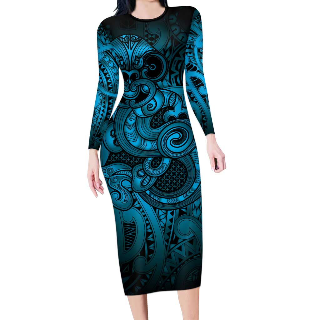 Aotearoa Maori Hei Tiki Long Sleeve Bodycon Dress Kikorangi Kowhaiwhai Puhoro Motif