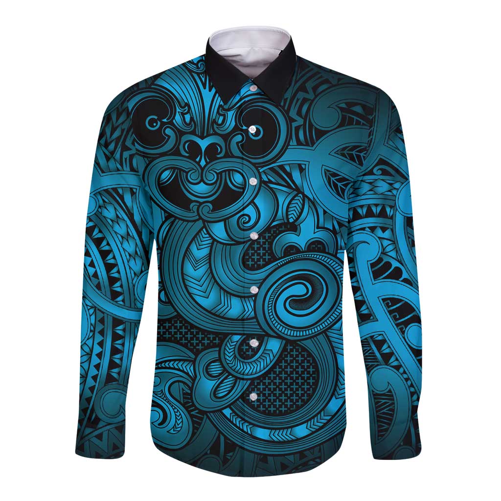 Aotearoa Maori Hei Tiki Long Sleeve Button Shirt Kikorangi Kowhaiwhai Puhoro Motif LT9 Unisex Blue - Polynesian Pride