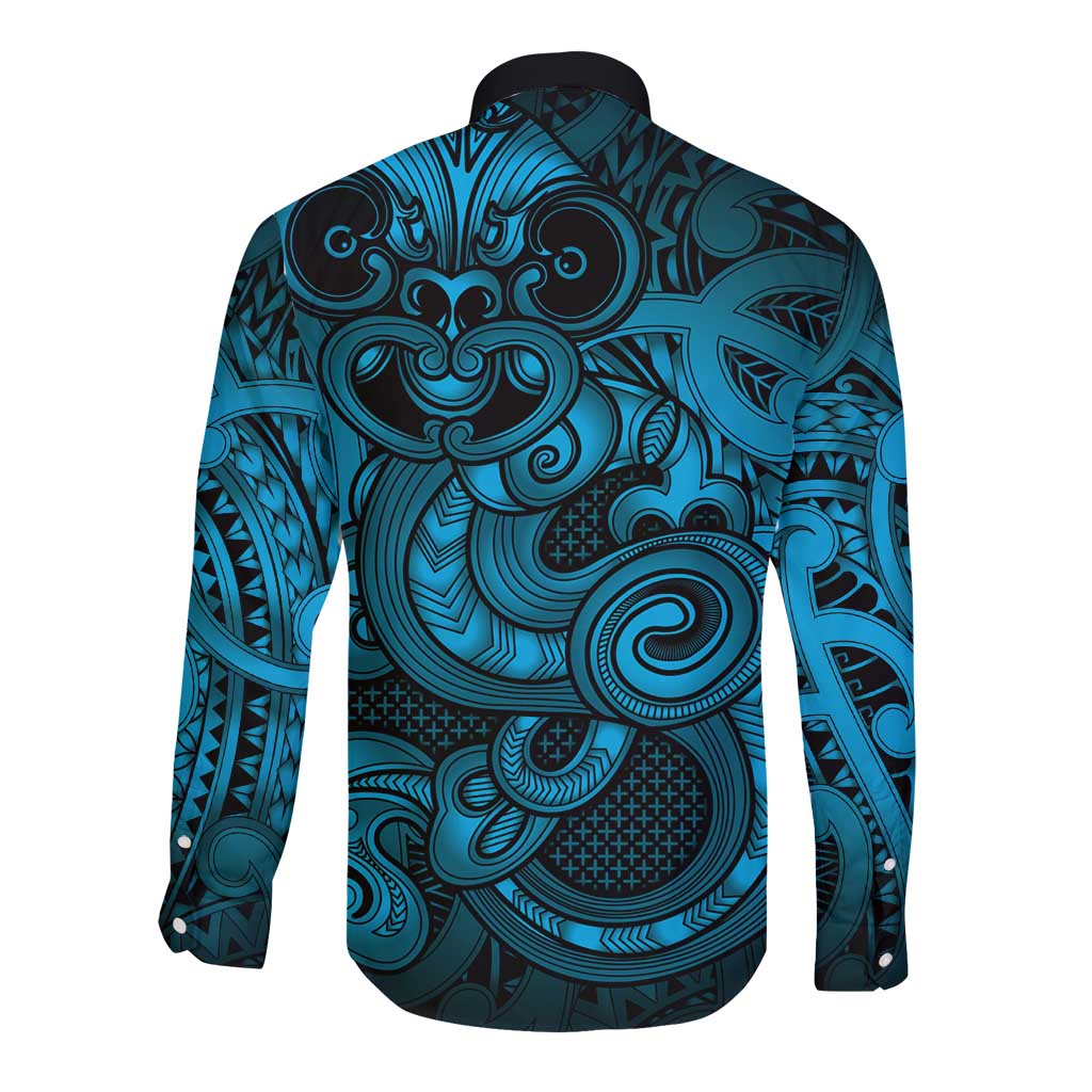 Aotearoa Maori Hei Tiki Long Sleeve Button Shirt Kikorangi Kowhaiwhai Puhoro Motif LT9 - Polynesian Pride