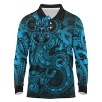 Aotearoa Maori Hei Tiki Long Sleeve Polo Shirt Kikorangi Kowhaiwhai Puhoro Motif LT9 Blue - Polynesian Pride