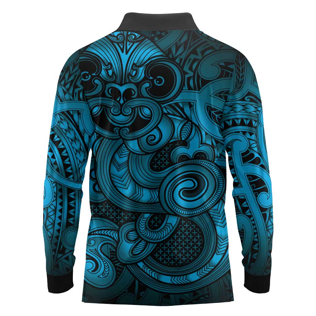 Aotearoa Maori Hei Tiki Long Sleeve Polo Shirt Kikorangi Kowhaiwhai Puhoro Motif LT9 - Polynesian Pride