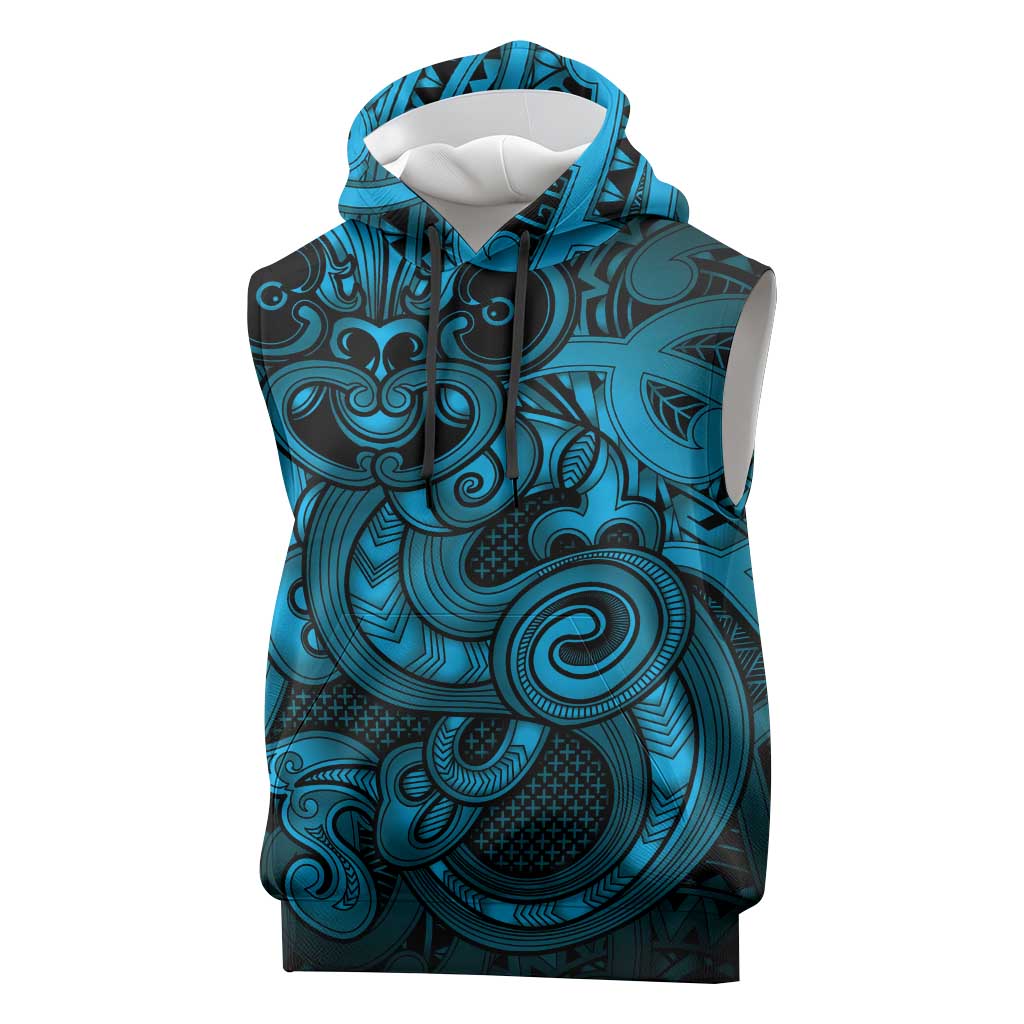 Aotearoa Maori Hei Tiki Sleeveless Hoodie Kikorangi Kowhaiwhai Puhoro Motif