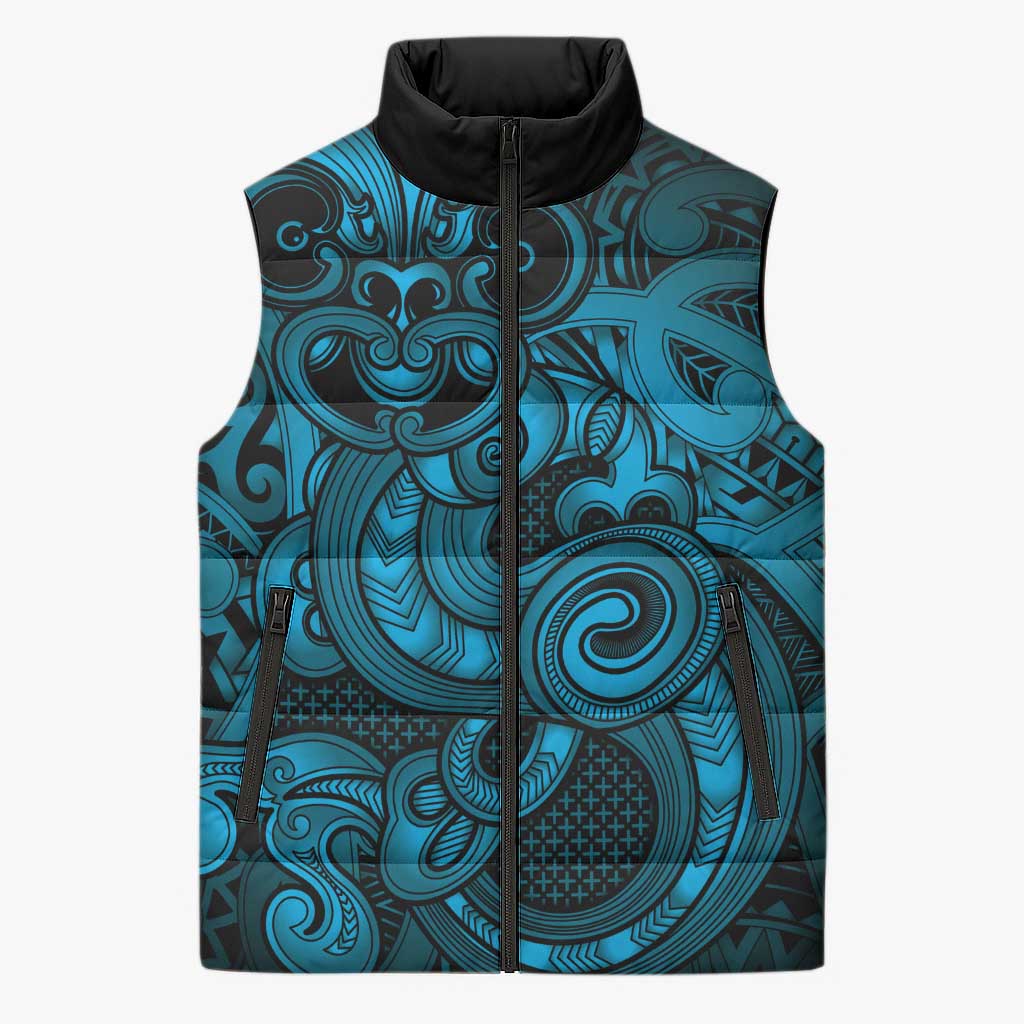 Aotearoa Maori Hei Tiki Sleeveless Puffer Jacket Kikorangi Kowhaiwhai Puhoro Motif