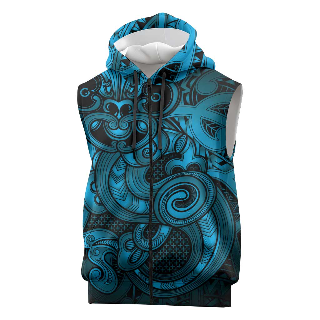 Aotearoa Maori Hei Tiki Sleeveless Zip Hoodie Kikorangi Kowhaiwhai Puhoro Motif