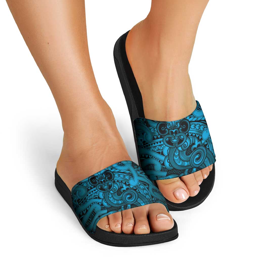 Aotearoa Maori Hei Tiki Slide Sandals Kikorangi Kowhaiwhai Puhoro Motif
