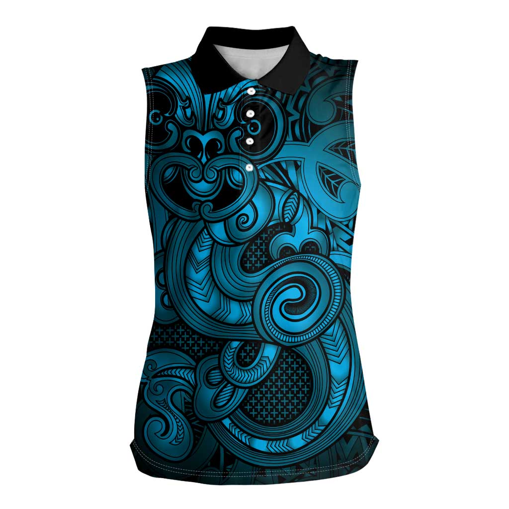 Aotearoa Maori Hei Tiki Women Sleeveless Polo Shirt Kikorangi Kowhaiwhai Puhoro Motif LT9 Female Blue - Polynesian Pride