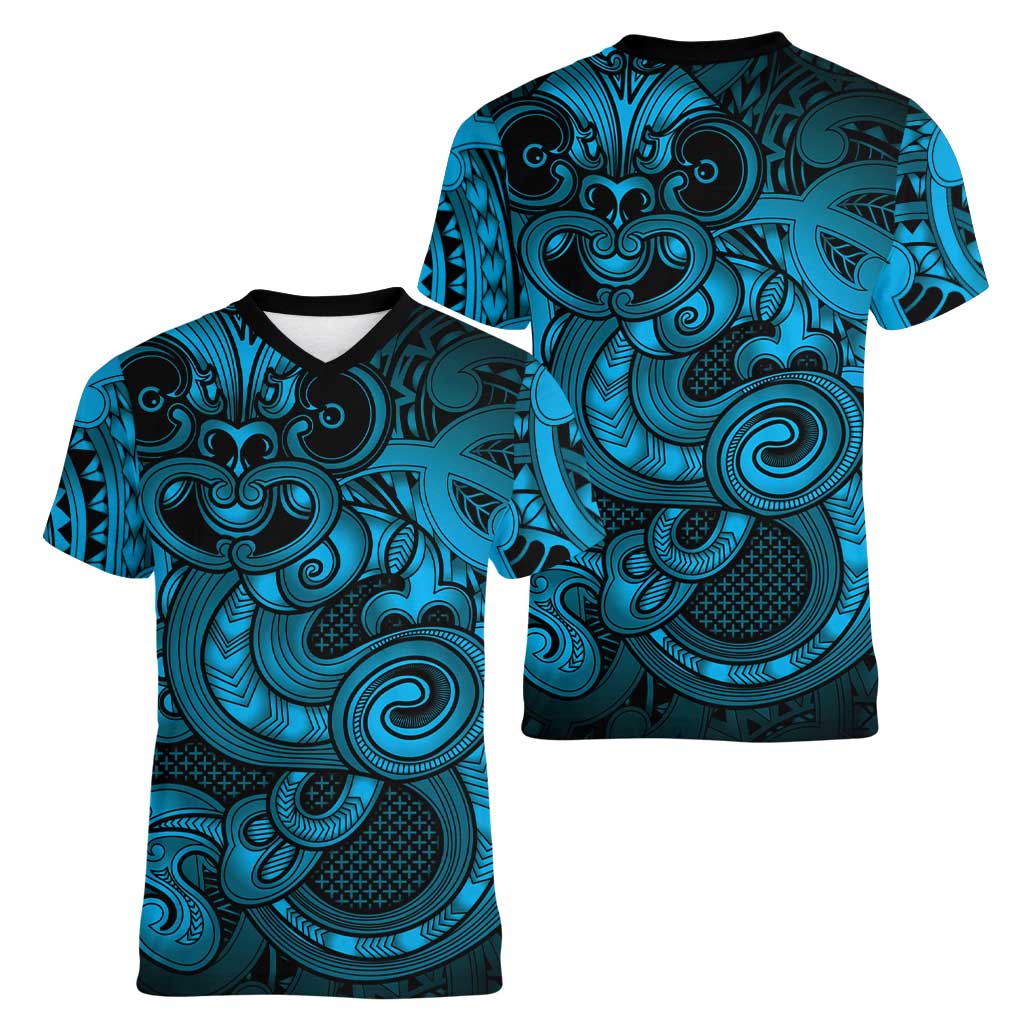 Aotearoa Maori Hei Tiki Women V-Neck T-Shirt Kikorangi Kowhaiwhai Puhoro Motif LT9 - Polynesian Pride