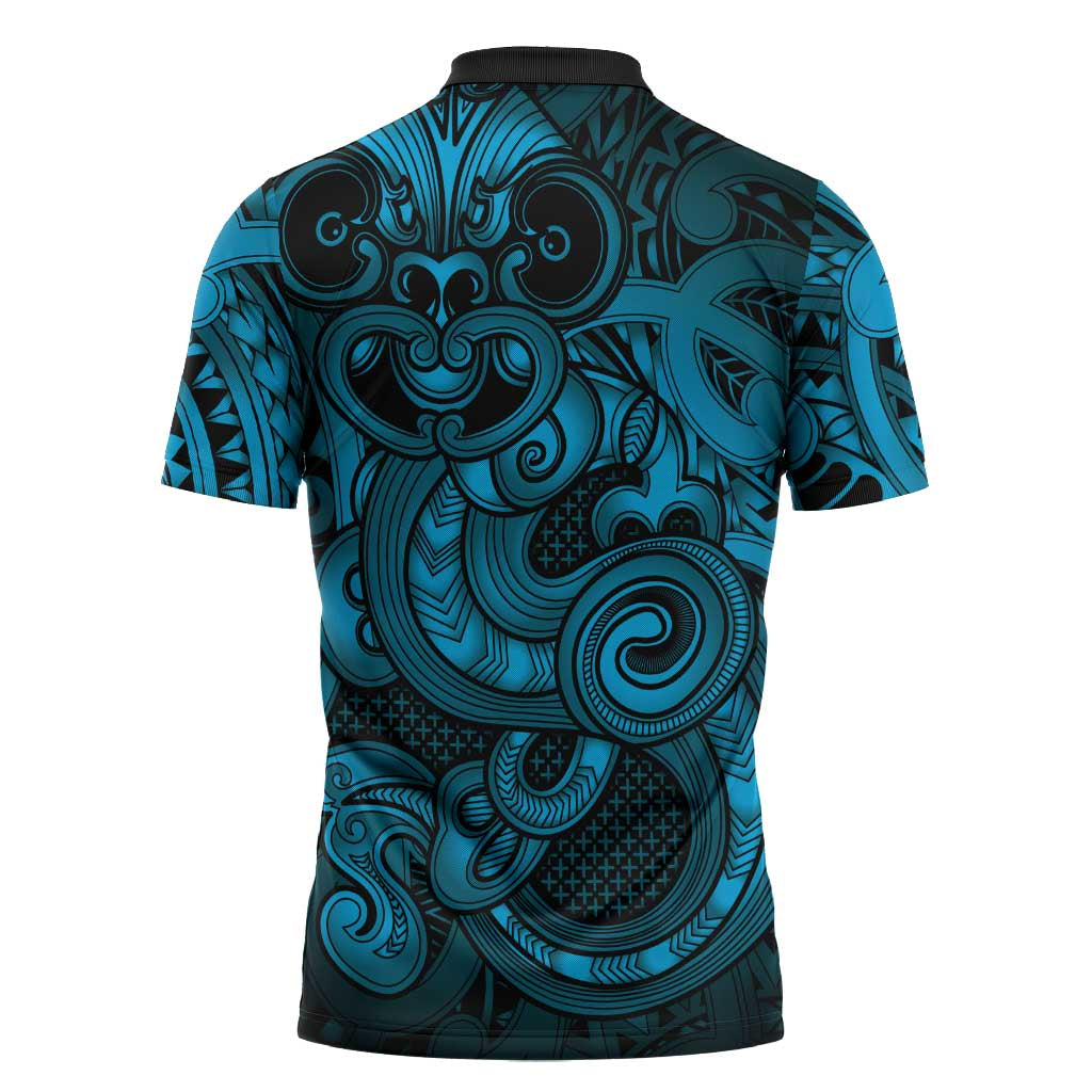 Aotearoa Maori Hei Tiki Zipper Polo Shirt Kikorangi Kowhaiwhai Puhoro Motif LT9 - Polynesian Pride