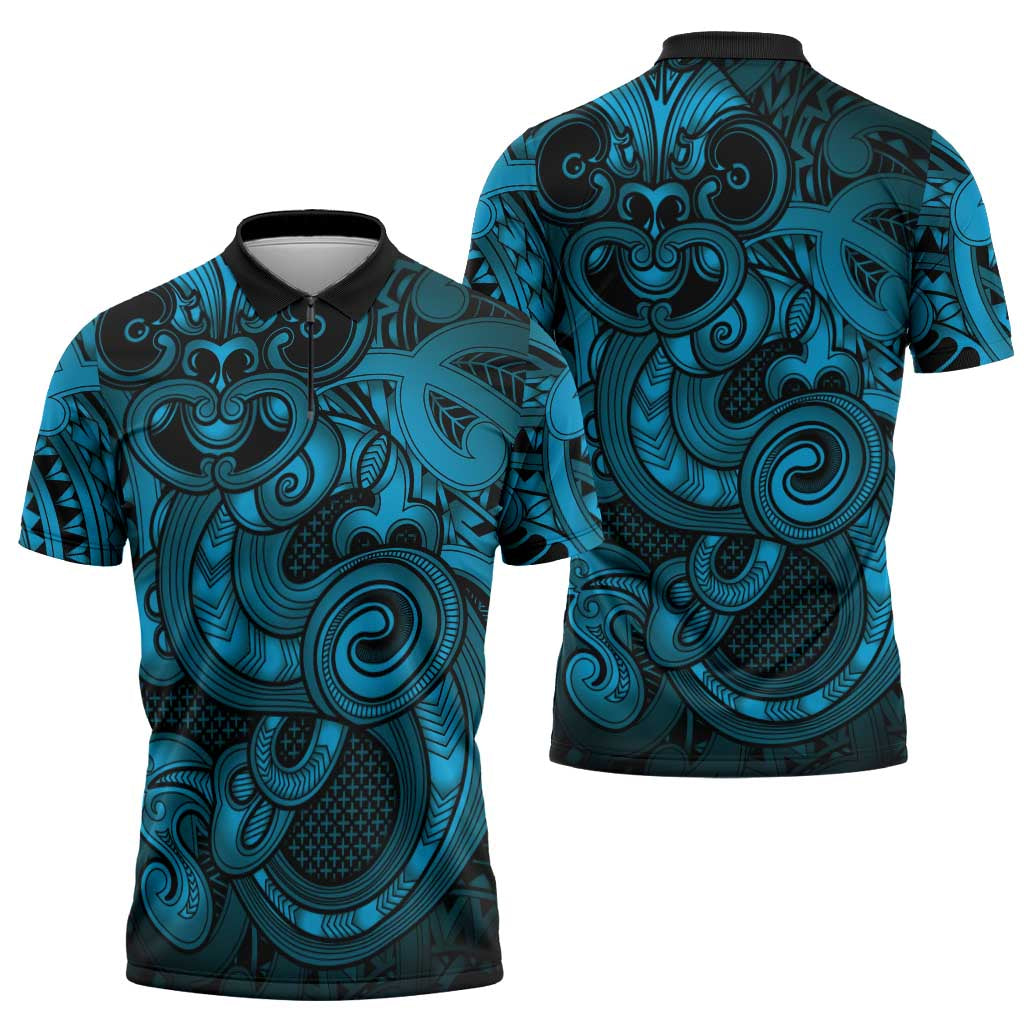 Aotearoa Maori Hei Tiki Zipper Polo Shirt Kikorangi Kowhaiwhai Puhoro Motif LT9 - Polynesian Pride