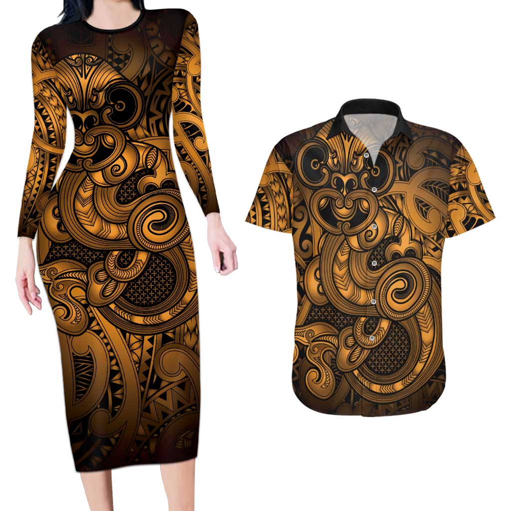 Aotearoa Maori Hei Tiki Couples Matching Long Sleeve Bodycon Dress and Hawaiian Shirt Koura Kowhaiwhai Puhoro Motif LT9 Gold - Polynesian Pride