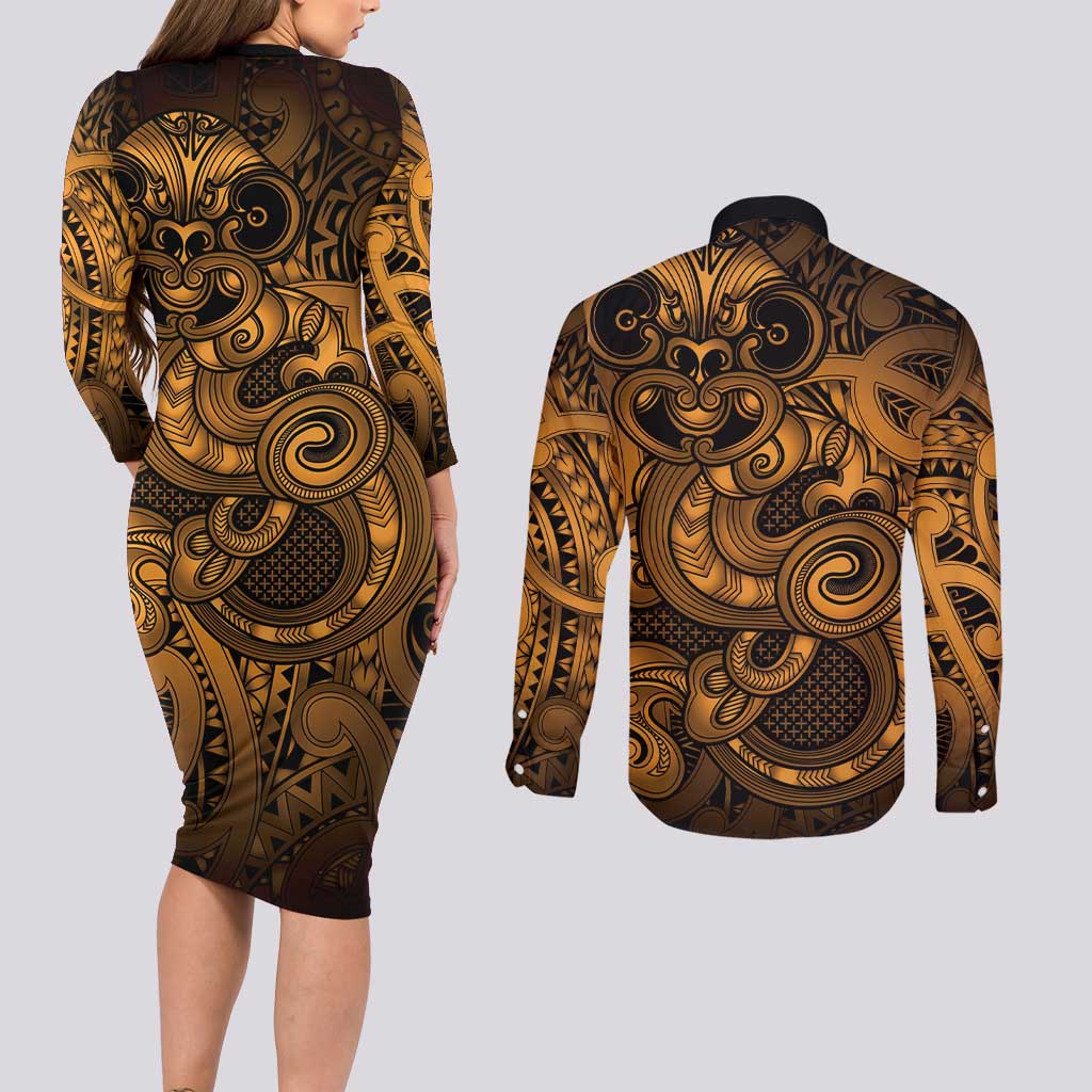 Aotearoa Maori Hei Tiki Couples Matching Long Sleeve Bodycon Dress and Long Sleeve Button Shirt Koura Kowhaiwhai Puhoro Motif LT9 - Polynesian Pride