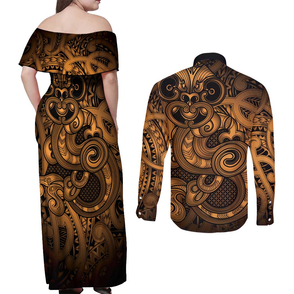 Aotearoa Maori Hei Tiki Couples Matching Off Shoulder Maxi Dress and Long Sleeve Button Shirt Koura Kowhaiwhai Puhoro Motif LT9 - Polynesian Pride