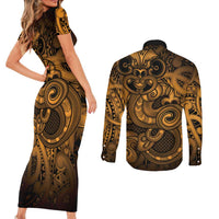 Aotearoa Maori Hei Tiki Couples Matching Short Sleeve Bodycon Dress and Long Sleeve Button Shirt Koura Kowhaiwhai Puhoro Motif LT9 - Polynesian Pride