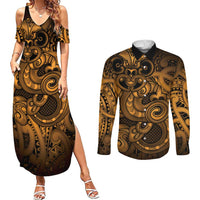Aotearoa Maori Hei Tiki Couples Matching Summer Maxi Dress and Long Sleeve Button Shirt Koura Kowhaiwhai Puhoro Motif LT9 Gold - Polynesian Pride