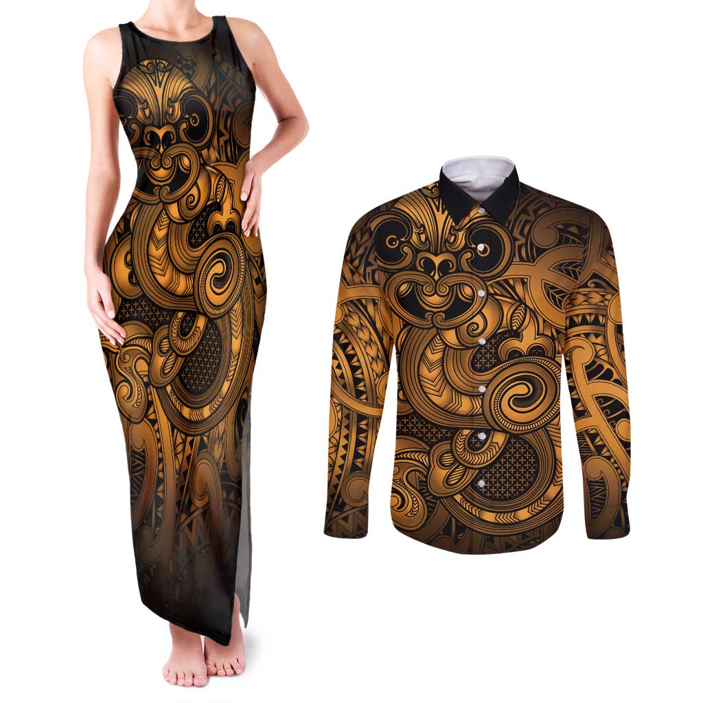 Aotearoa Maori Hei Tiki Couples Matching Tank Maxi Dress and Long Sleeve Button Shirt Koura Kowhaiwhai Puhoro Motif LT9 Gold - Polynesian Pride