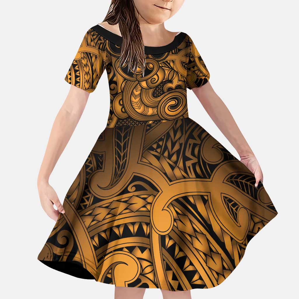 Aotearoa Maori Hei Tiki Family Matching Long Sleeve Bodycon Dress and Hawaiian Shirt Koura Kowhaiwhai Puhoro Motif LT9 Daughter's Dress Gold - Polynesian Pride