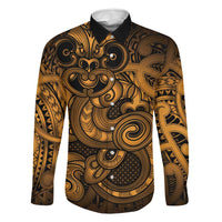 Aotearoa Maori Hei Tiki Family Matching Long Sleeve Bodycon Dress and Hawaiian Shirt Koura Kowhaiwhai Puhoro Motif LT9 Dad's Shirt - Long Sleeve Gold - Polynesian Pride