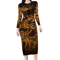 Aotearoa Maori Hei Tiki Family Matching Long Sleeve Bodycon Dress and Hawaiian Shirt Koura Kowhaiwhai Puhoro Motif LT9 Mom's Dress Gold - Polynesian Pride