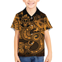 Aotearoa Maori Hei Tiki Family Matching Long Sleeve Bodycon Dress and Hawaiian Shirt Koura Kowhaiwhai Puhoro Motif LT9 Son's Shirt Gold - Polynesian Pride