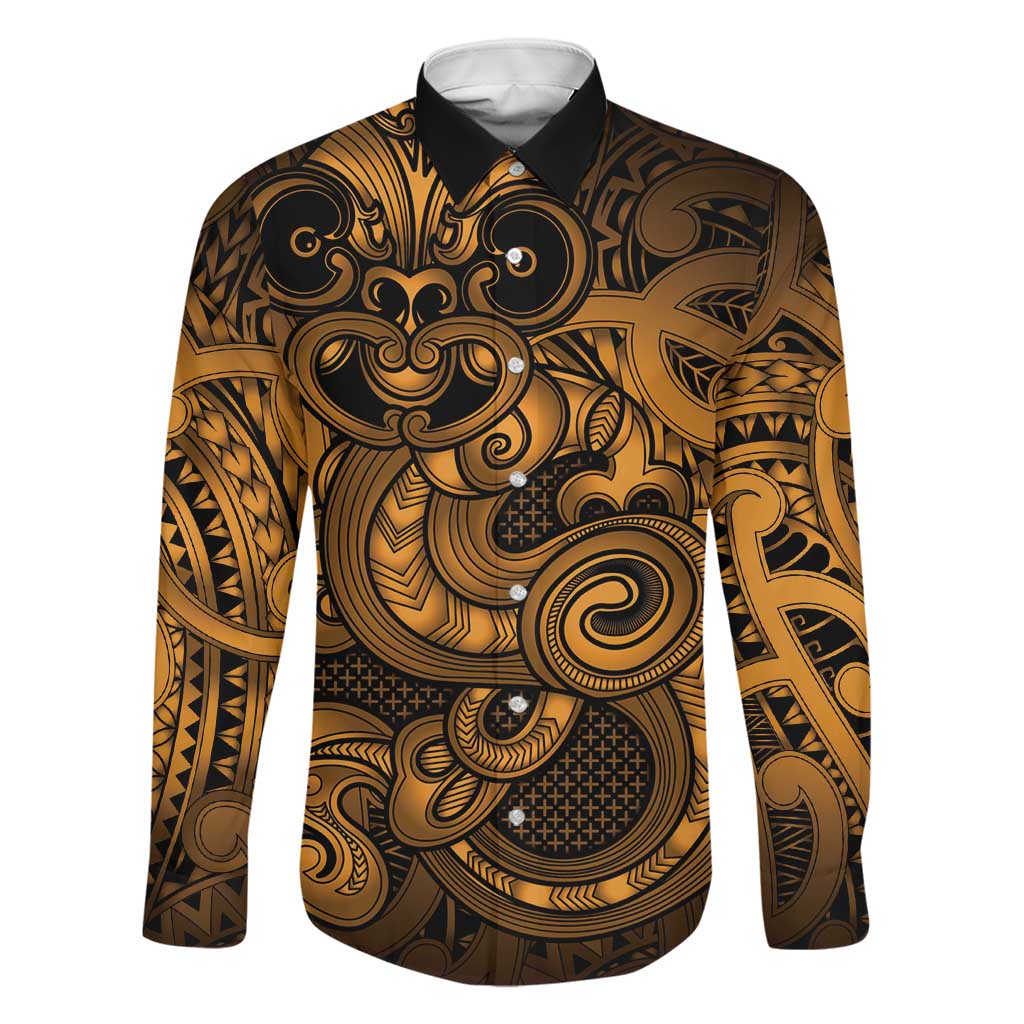 Aotearoa Maori Hei Tiki Family Matching Short Sleeve Bodycon Dress and Hawaiian Shirt Koura Kowhaiwhai Puhoro Motif LT9 Dad's Shirt - Long Sleeve Gold - Polynesian Pride