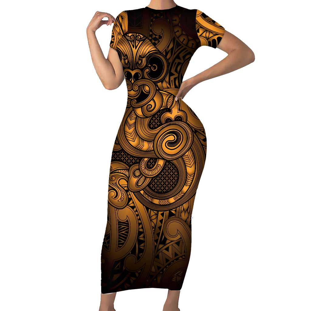 Aotearoa Maori Hei Tiki Family Matching Short Sleeve Bodycon Dress and Hawaiian Shirt Koura Kowhaiwhai Puhoro Motif LT9 Mom's Dress Gold - Polynesian Pride