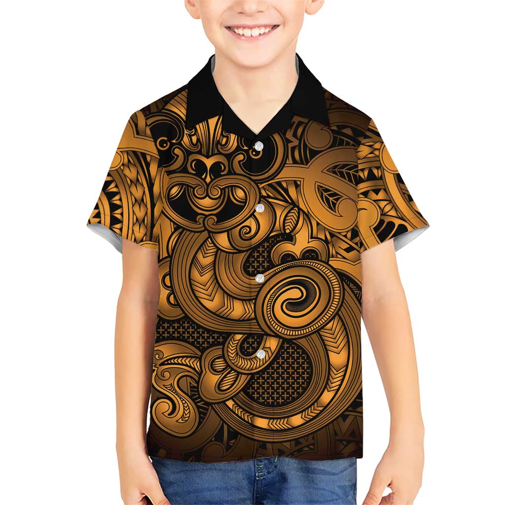 Aotearoa Maori Hei Tiki Family Matching Short Sleeve Bodycon Dress and Hawaiian Shirt Koura Kowhaiwhai Puhoro Motif LT9 Son's Shirt Gold - Polynesian Pride