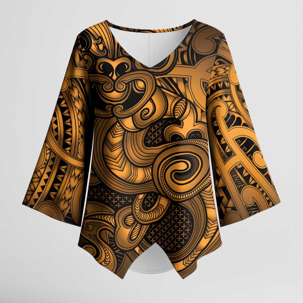 Aotearoa Maori Hei Tiki Kimono Sleeve Blouse Koura Kowhaiwhai Puhoro Motif