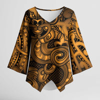 Aotearoa Maori Hei Tiki Kimono Sleeve Blouse Koura Kowhaiwhai Puhoro Motif