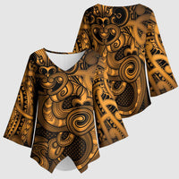 Aotearoa Maori Hei Tiki Kimono Sleeve Blouse Koura Kowhaiwhai Puhoro Motif