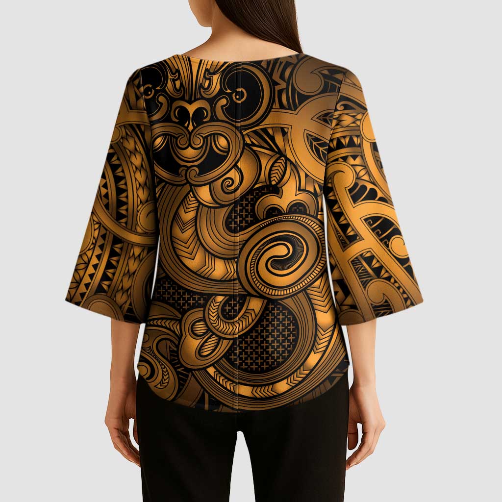Aotearoa Maori Hei Tiki Kimono Sleeve Blouse Koura Kowhaiwhai Puhoro Motif