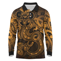 Aotearoa Maori Hei Tiki Long Sleeve Polo Shirt Koura Kowhaiwhai Puhoro Motif LT9 Gold - Polynesian Pride