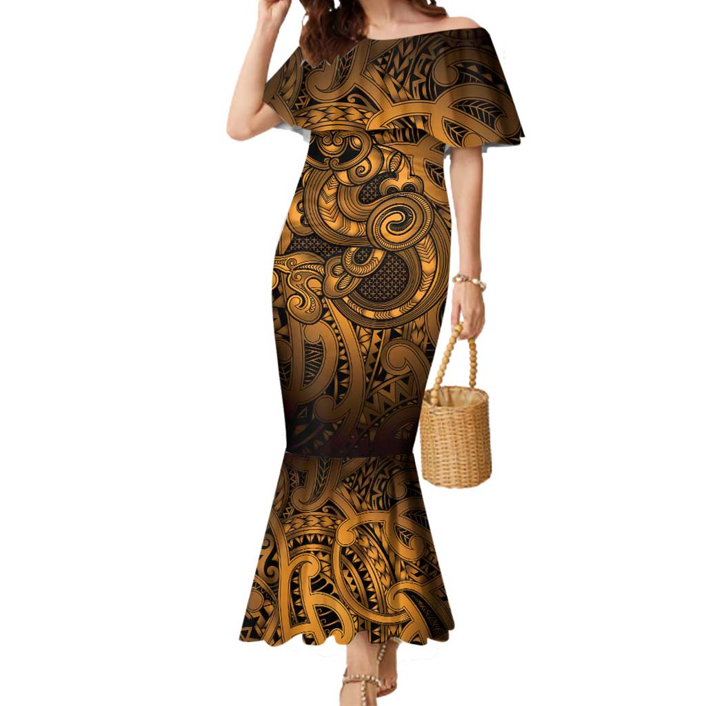 Aotearoa Maori Hei Tiki Mermaid Dress Koura Kowhaiwhai Puhoro Motif LT9 Women Gold - Polynesian Pride