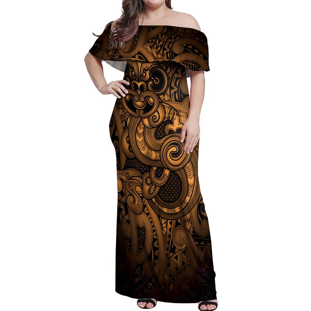 Aotearoa Maori Hei Tiki Off Shoulder Maxi Dress Koura Kowhaiwhai Puhoro Motif