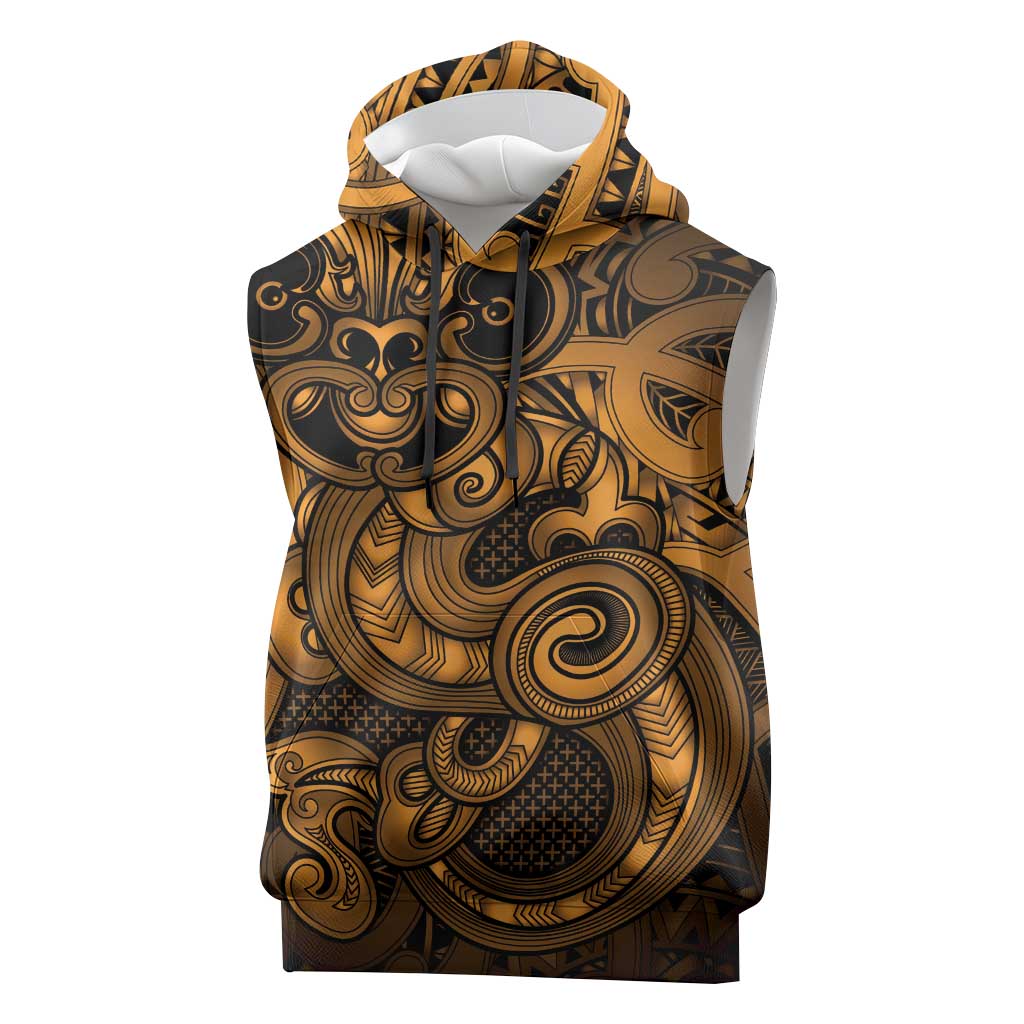 Aotearoa Maori Hei Tiki Sleeveless Hoodie Koura Kowhaiwhai Puhoro Motif LT9 Gold - Polynesian Pride