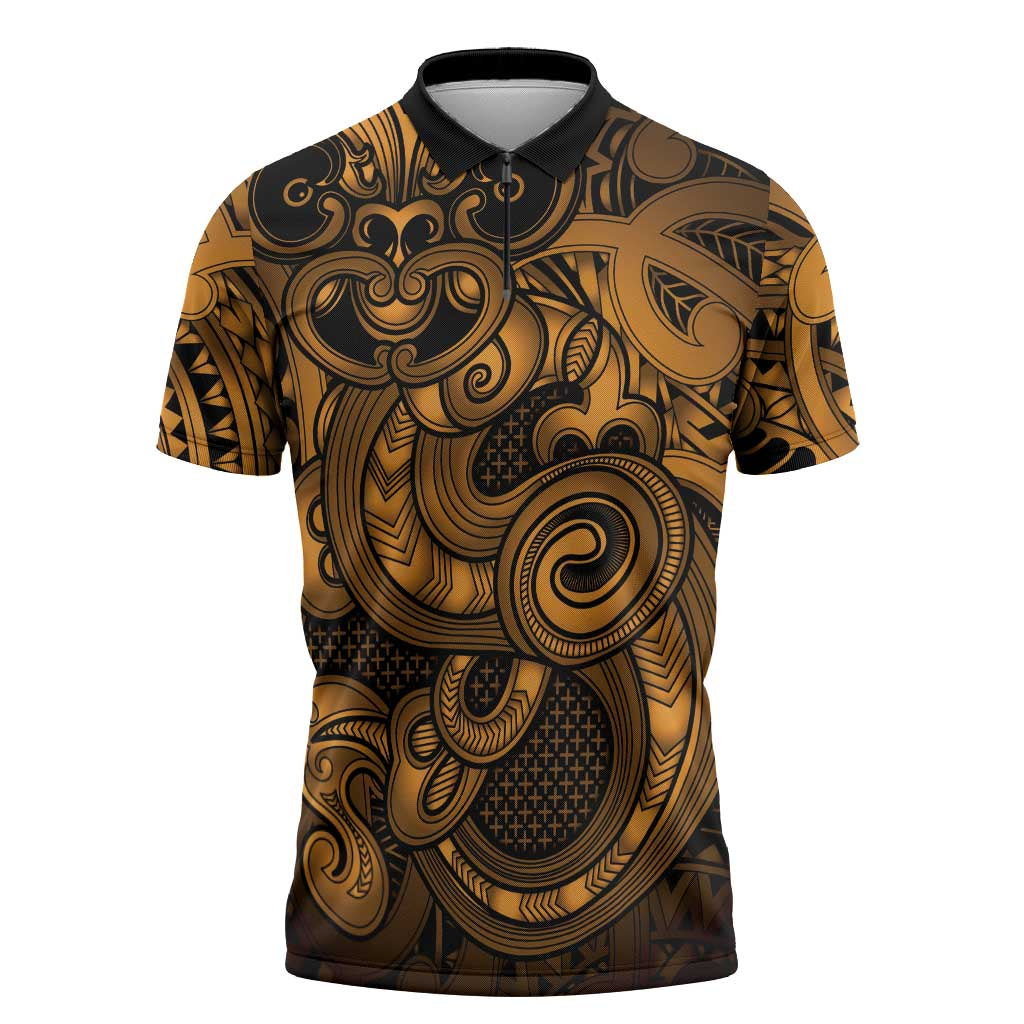 Aotearoa Maori Hei Tiki Zipper Polo Shirt Koura Kowhaiwhai Puhoro Motif LT9 Gold - Polynesian Pride