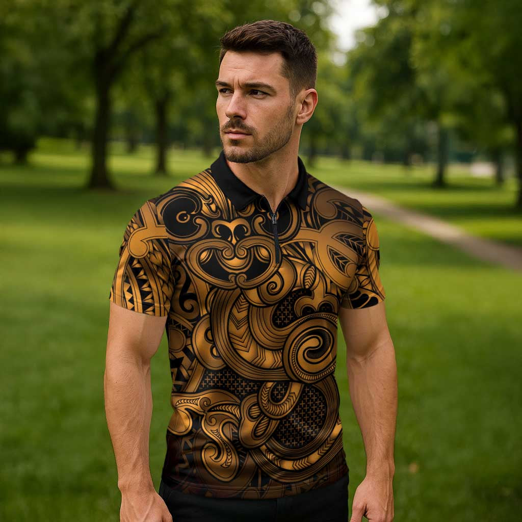 Aotearoa Maori Hei Tiki Zipper Polo Shirt Koura Kowhaiwhai Puhoro Motif LT9 - Polynesian Pride