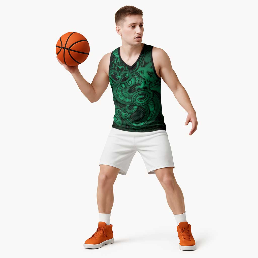 Aotearoa Maori Hei Tiki Basketball Jersey Kakariki Kowhaiwhai Puhoro Motif