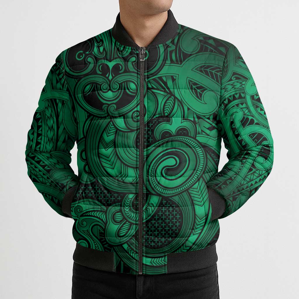 Aotearoa Maori Hei Tiki Bomber Puffer Jacket Kakariki Kowhaiwhai Puhoro Motif