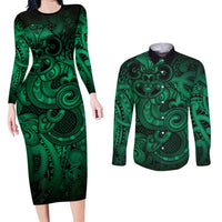 Aotearoa Maori Hei Tiki Couples Matching Long Sleeve Bodycon Dress and Long Sleeve Button Shirt Kakariki Kowhaiwhai Puhoro Motif LT9 Green - Polynesian Pride