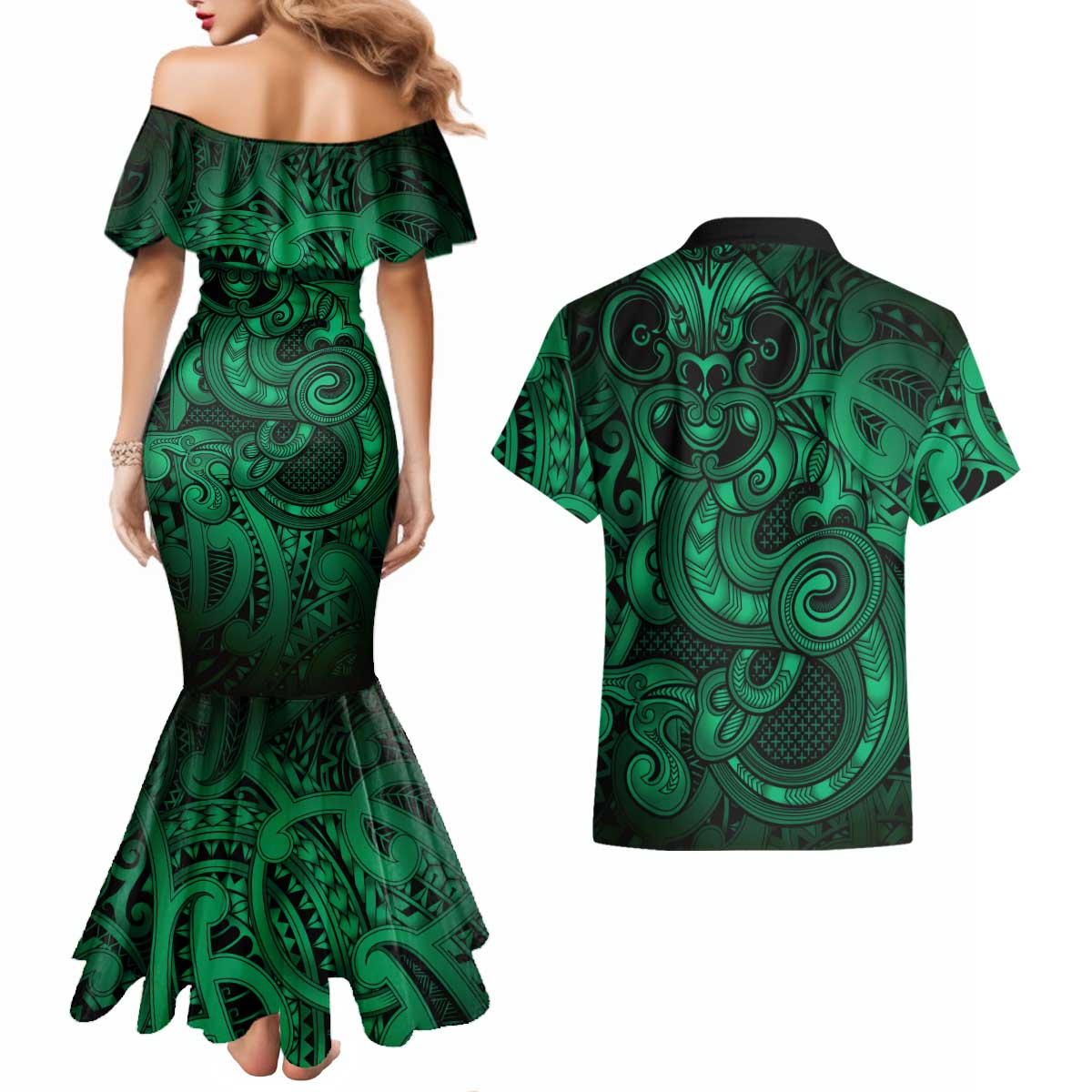 Aotearoa Maori Hei Tiki Couples Matching Mermaid Dress and Hawaiian Shirt Kakariki Kowhaiwhai Puhoro Motif LT9 - Polynesian Pride