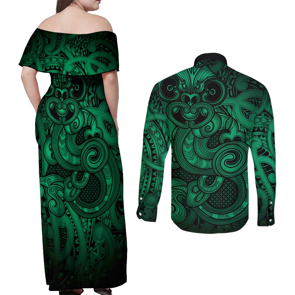 Aotearoa Maori Hei Tiki Couples Matching Off Shoulder Maxi Dress and Long Sleeve Button Shirt Kakariki Kowhaiwhai Puhoro Motif LT9 - Polynesian Pride