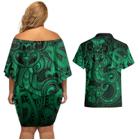 Aotearoa Maori Hei Tiki Couples Matching Off Shoulder Short Dress and Hawaiian Shirt Kakariki Kowhaiwhai Puhoro Motif LT9 - Polynesian Pride