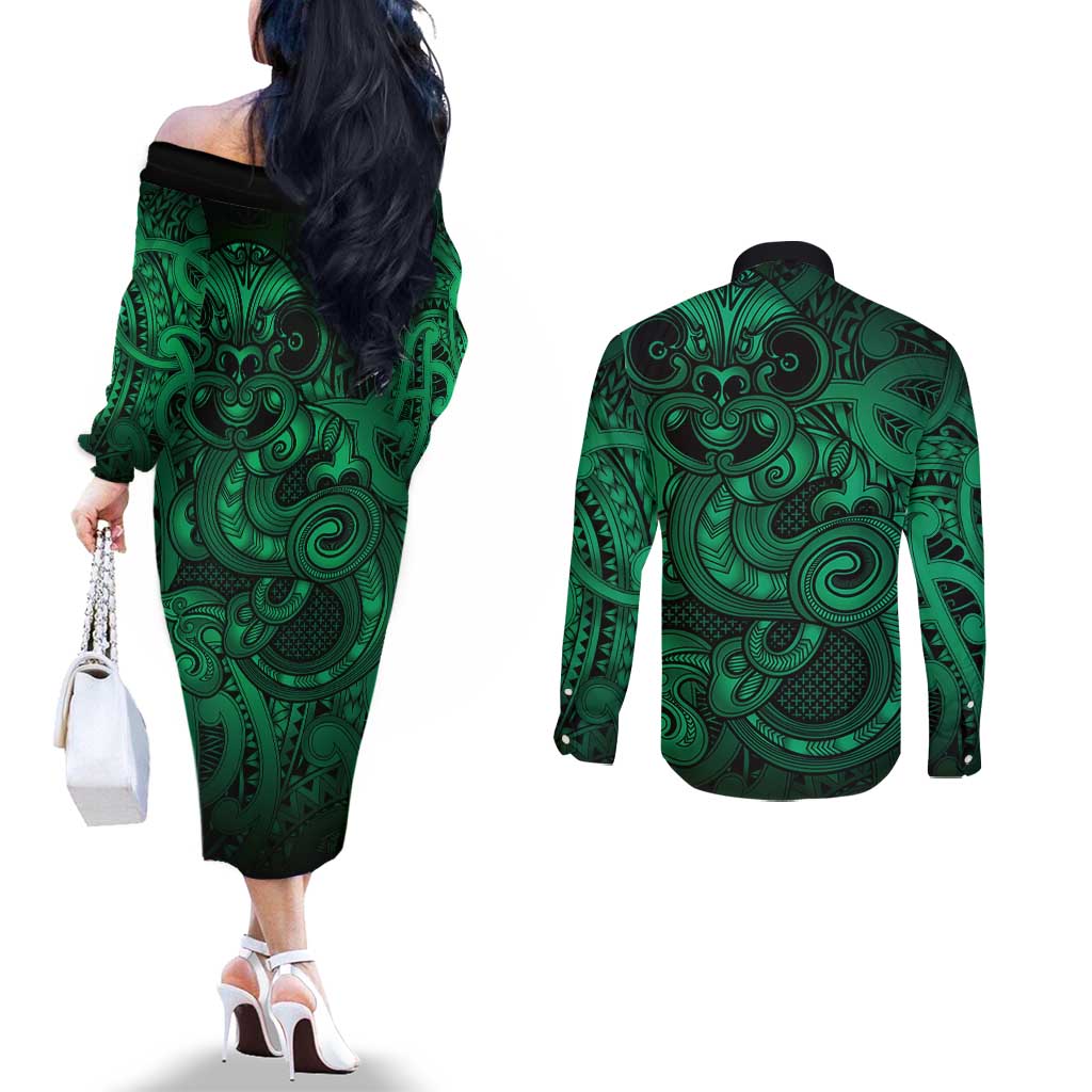 Aotearoa Maori Hei Tiki Couples Matching Off The Shoulder Long Sleeve Dress and Long Sleeve Button Shirt Kakariki Kowhaiwhai Puhoro Motif LT9 - Polynesian Pride