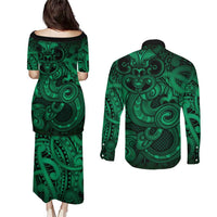 Aotearoa Maori Hei Tiki Couples Matching Puletasi and Long Sleeve Button Shirt Kakariki Kowhaiwhai Puhoro Motif LT9 - Polynesian Pride