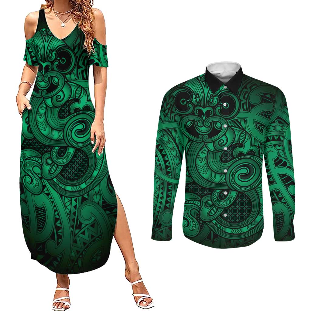 Aotearoa Maori Hei Tiki Couples Matching Summer Maxi Dress and Long Sleeve Button Shirt Kakariki Kowhaiwhai Puhoro Motif LT9 Green - Polynesian Pride