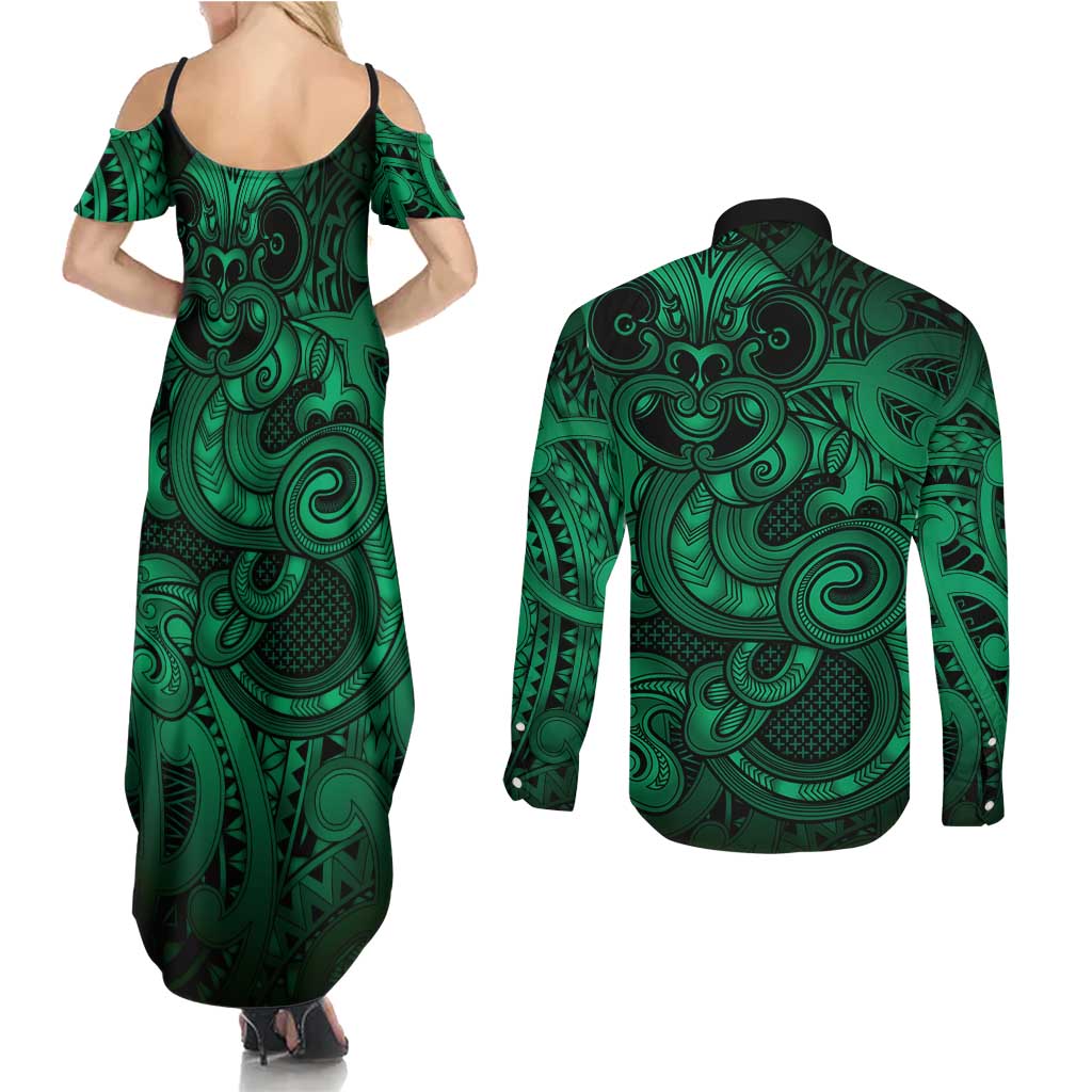 Aotearoa Maori Hei Tiki Couples Matching Summer Maxi Dress and Long Sleeve Button Shirt Kakariki Kowhaiwhai Puhoro Motif LT9 - Polynesian Pride