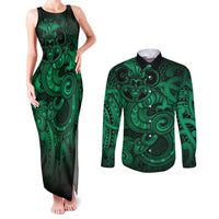 Aotearoa Maori Hei Tiki Couples Matching Tank Maxi Dress and Long Sleeve Button Shirt Kakariki Kowhaiwhai Puhoro Motif LT9 Green - Polynesian Pride