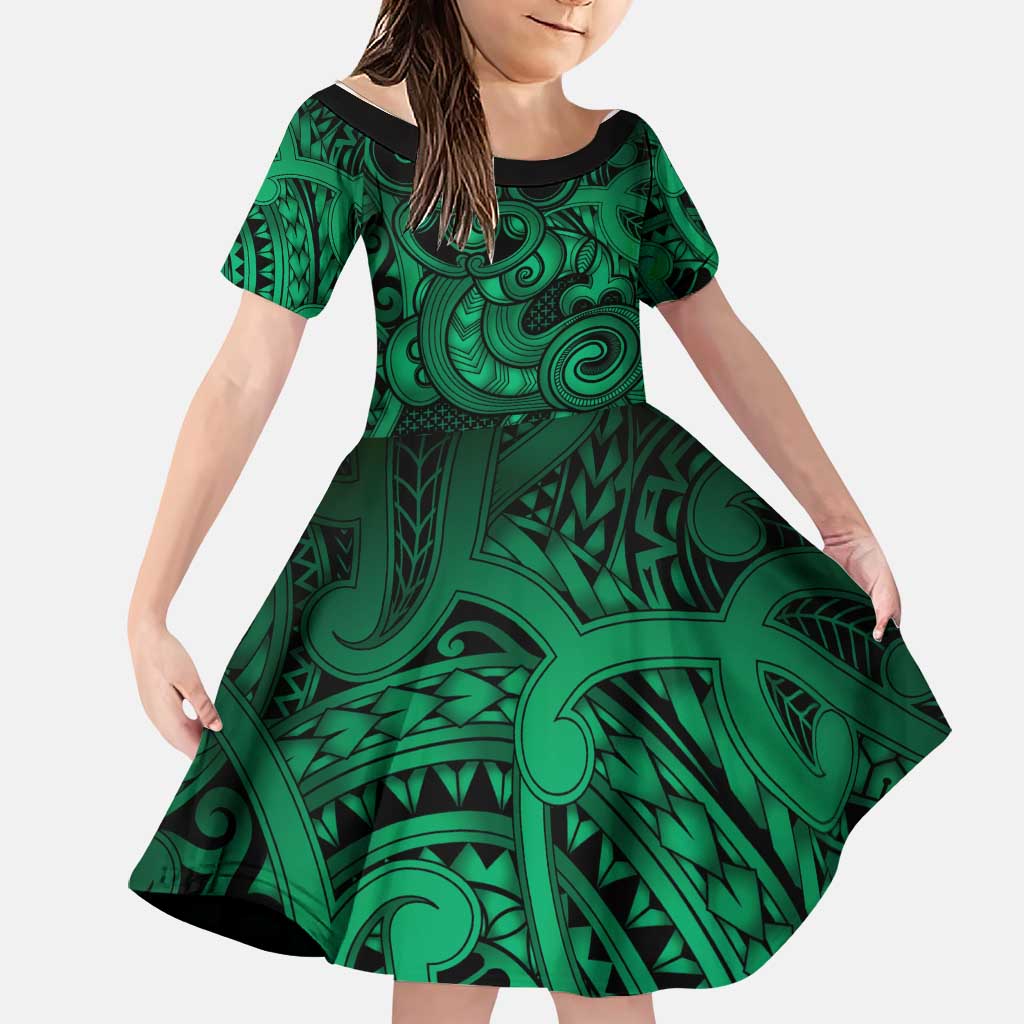 Aotearoa Maori Hei Tiki Family Matching Mermaid Dress and Hawaiian Shirt Kakariki Kowhaiwhai Puhoro Motif LT9 Daughter's Dress Green - Polynesian Pride